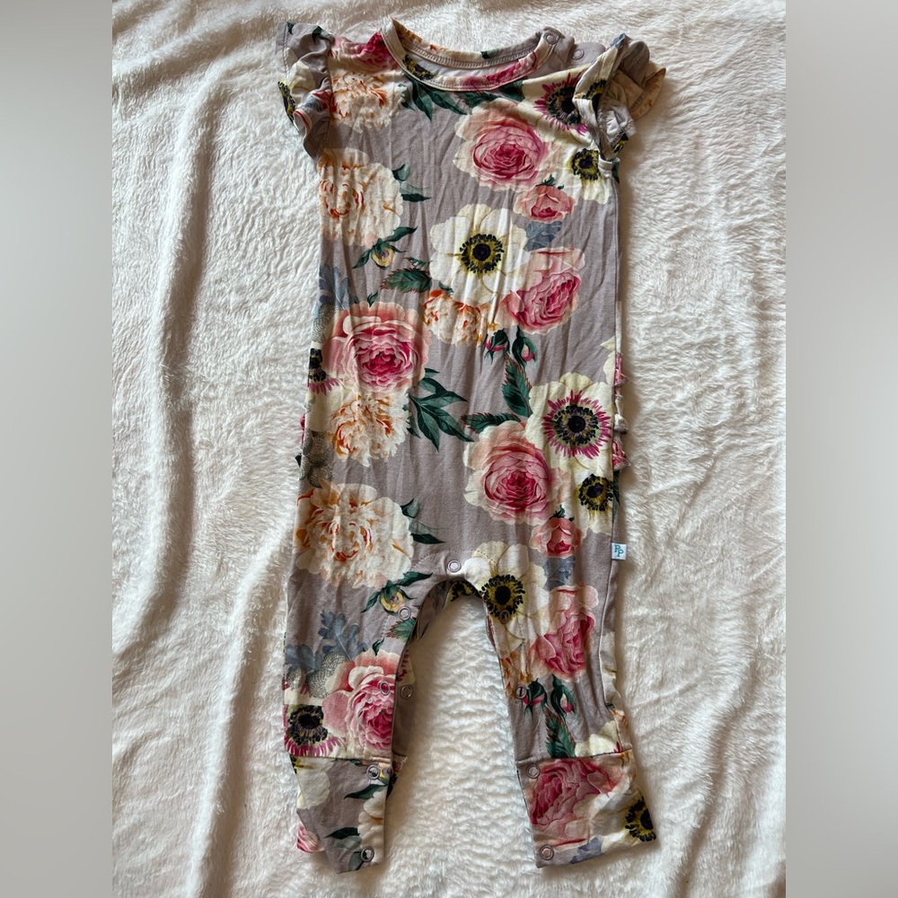 Posh Peanut Floral Taupe Pink Cream Baby Romper